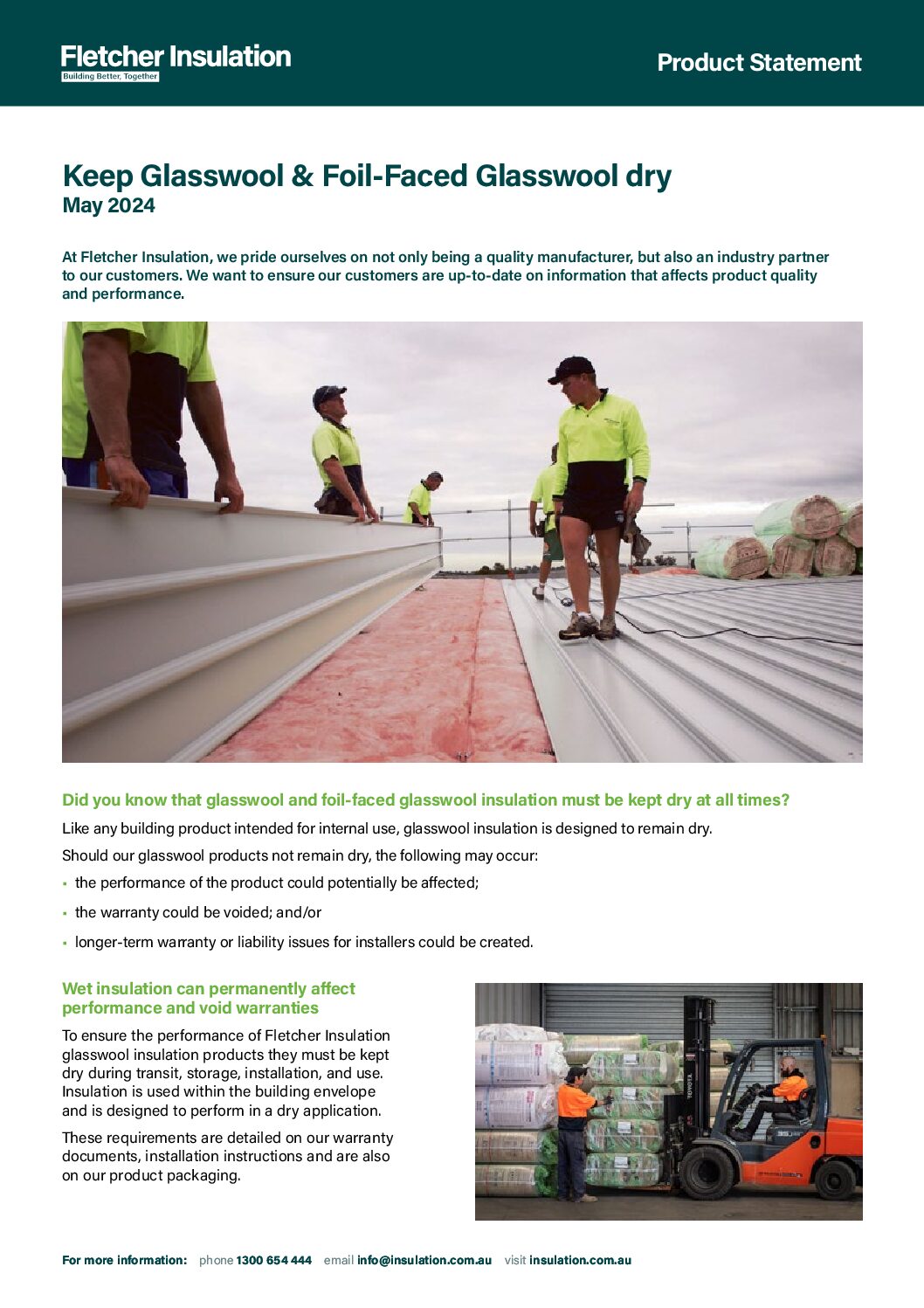 Product Statement – Keep Glasswool & Foil-Faced Glasswool dry