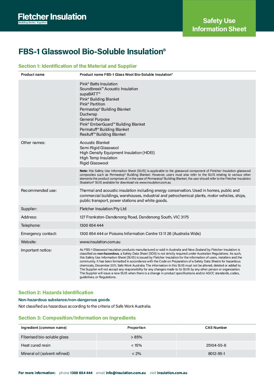 SUIS – FBS-1 Glasswool Bio-soluble Insulation®