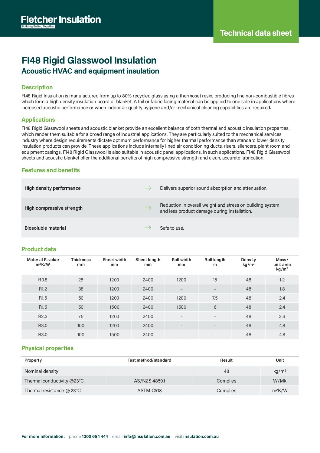 Technical Data Sheet – FI48 Rigid Glasswool Sheets and Acoustic Blanket
