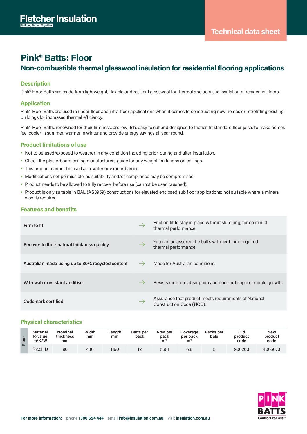 Technical Data Sheet – Pink® Batts Floor
