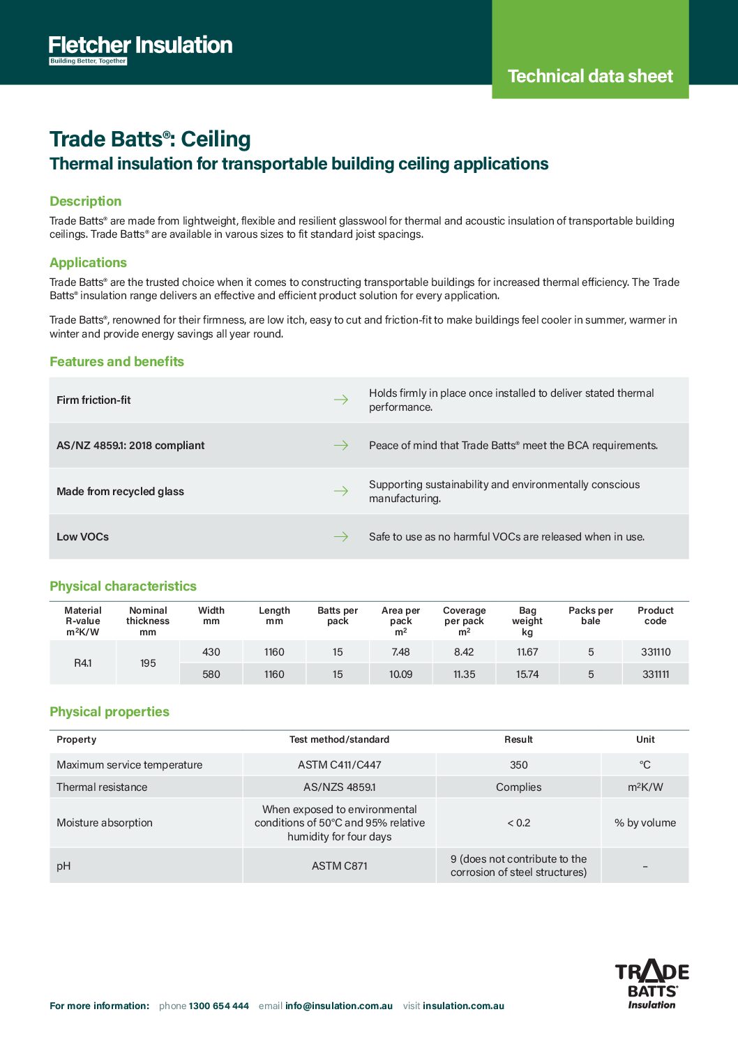 Technical Data Sheet – Trade Batts® Ceiling