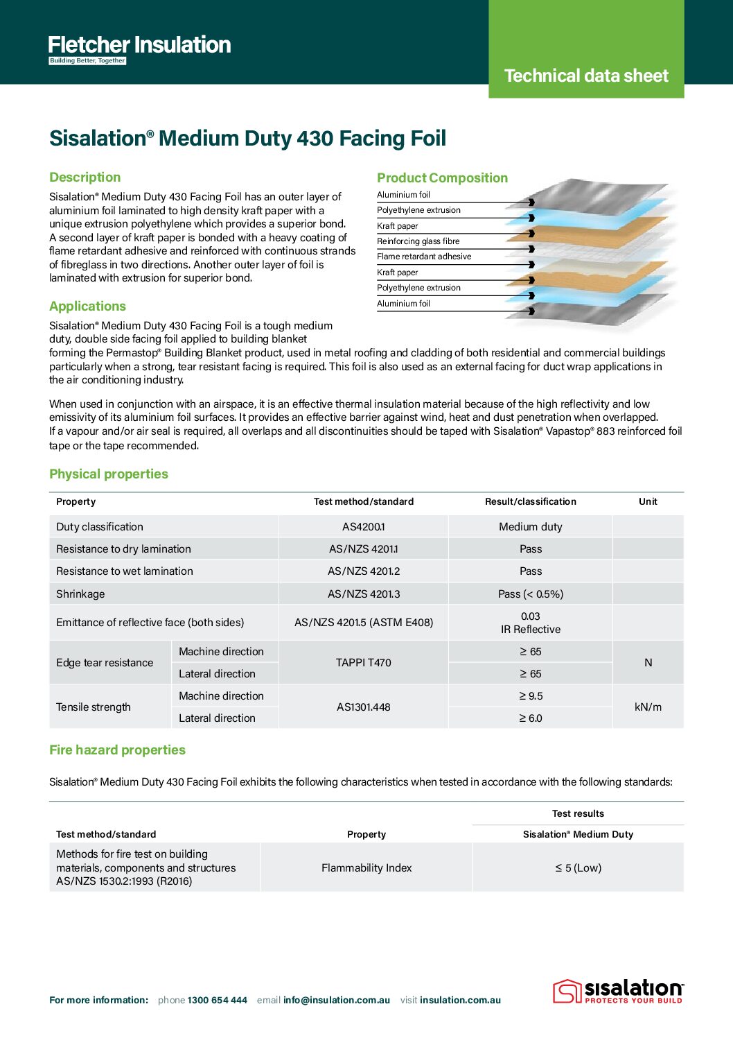 Technical Data Sheet – Sisalation® Medium Duty 430 Facing Foil