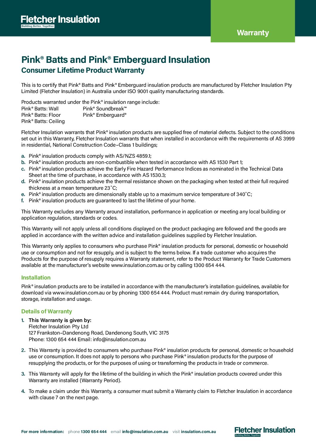 Consumer Lifetime Product Warranty – Pink Batts®